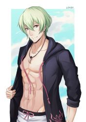 Rule 34 | 1boy, abs, artist name, beach, byleth (fire emblem), byleth (male) (fire emblem), collarbone, drawstring, exposed muscle, fire emblem, fire emblem: three houses, green eyes, green hair, jacket, jewelry, looking at viewer, male swimwear, muscular, muscular male, necklace, nintendo, sky, smile, solo, swim trunks, swimsuit, white male swimwear, white swim trunks
