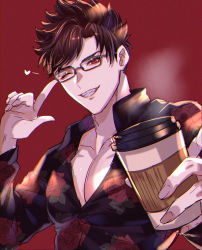 Rule 34 | &gt; o, 1boy, absurdres, belial (granblue fantasy), black hair, black shirt, chiharudaaaaaaa, coffee cup, collared shirt, cup, disposable cup, floral print, glasses, granblue fantasy, highres, holding, holding cup, large pectorals, looking at viewer, male focus, official alternate costume, one eye closed, pectorals, red eyes, shirt, short hair, smile, solo, teeth, upper body