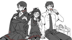 Rule 34 | 1boy, 2girls, bandage over one eye, bandaid, bandaid on face, bandaid on nose, black hair, black pants, black skirt, black sweater vest, collared shirt, electric fan, eyepatch, highres, library of ruina, limited palette, ll cc limacc, long hair, medical eyepatch, multiple girls, pants, pleated skirt, project moon, red trim, scar, scar on face, shirt, simple background, sitting, skirt, sweater vest, tenma (project moon), valentin (project moon), very long hair, white background, white shirt, yujin (project moon)
