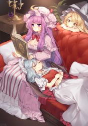 Rule 34 | 3girls, bat wings, blonde hair, blue ribbon, book, bow, bowtie, breasts, candle, cleavage, couch, crescent, crescent hair ornament, cup, dress, drinking glass, closed eyes, hair between eyes, hair ornament, hajin, hat, hat bow, hat ribbon, indoors, kirisame marisa, long hair, long sleeves, looking at another, lying, medium breasts, mob cap, multiple girls, on back, parted lips, patchouli knowledge, petticoat, pillow, plant, puffy sleeves, purple dress, purple eyes, purple hair, red bow, red neckwear, red ribbon, remilia scarlet, ribbon, sleeping, smile, touhou, very long hair, white bow, white dress, wine glass, wings, witch hat, yellow eyes