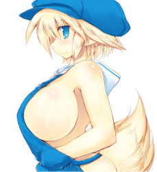 Rule 34 | 1girl, bare shoulders, blonde hair, blue eyes, blush, breasts, fox tail, hat, huge breasts, naked overalls, original, overalls, pointy ears, profile, sakaki (noi-gren), short hair, sideboob, simple background, smile, solo, tail, white background