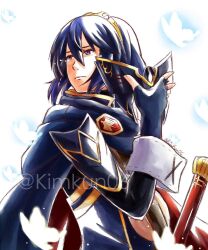 Rule 34 | armor, belt, blue eyes, blue hair, blue tunic, brooch, bug, butterfly, butterfly mask, cape, falchion (fire emblem), fire emblem, fire emblem awakening, folded hair, holding, holding mask, insect, jewelry, kimkun06, kiora06, long sleeves, looking to the side, lucina (fire emblem), marth (fire emblem awakening), mask, matching hair/eyes, multicolored cape, multicolored clothes, nintendo, sheath, sheathed, shoulder armor, tears, tiara, unmasked, watermark, weapon, white background, white butterfly, wrist cuffs