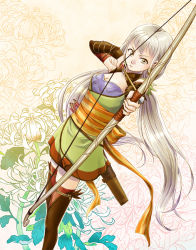 Rule 34 | 1girl, archery, arrow (projectile), bad id, bad pixiv id, bow (weapon), bracer, breasts, detached sleeves, drawing bow, dutch angle, floral background, gensou suikoden, gensou suikoden tierkreis, holding, holding bow (weapon), holding weapon, long hair, marica (suikoden), marica (suikoden tierkreis), quiver, raichou54, silver hair, solo, thighhighs, weapon, yellow eyes, zettai ryouiki
