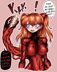 Rule 34 | !, 1girl, 1other, absurdres, adapted costume, angry, blue eyes, blush, bodysuit, breasts, brown hair, carnage (marvel), chronozbergh, color connection, colorized, crossover, curvy, english text, hair ornament, highres, interface headset, large breasts, living clothes, long hair, looking at another, marvel, neon genesis evangelion, open mouth, pink background, plugsuit, red bodysuit, sharp teeth, shiny clothes, simple background, souryuu asuka langley, spider-man (series), symbiote, teeth, twintails, two side up, very long hair, what, wide hips