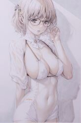 Rule 34 | 1girl, absurdres, arm behind back, bodysuit, bra, breasts, cleavage cutout, clothing cutout, covered erect nipples, covered navel, flower, glasses, grey eyes, grey hair, hair flower, hair ornament, hand in own hair, hand up, highres, katsu (24791909), large breasts, looking at viewer, marker (medium), nail polish, original, short hair, silver nails, solo, string bra, traditional media, underwear, white bodysuit, white bra