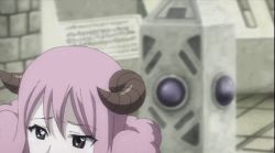Rule 34 | 1girl, 2boys, animated, animated gif, aries (fairy tail), bouncing breasts, breasts, cleavage, fairy tail, franmalth, horns, keyes (fairy tail), lowres, multiple boys, pink hair, subtitled