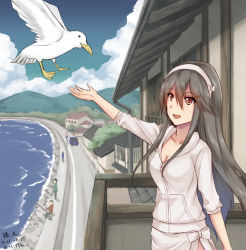 Rule 34 | 1girl, anatamo, balcony, bird, black hair, blue sky, breasts, brown eyes, character name, cleavage, cloud, commentary request, dated, day, hair ornament, hairband, hairclip, haruna (kancolle), headgear, house, jacket, kantai collection, long hair, medium breasts, one-hour drawing challenge, outdoors, road, sarong, seagull, sky, white jacket, white sarong