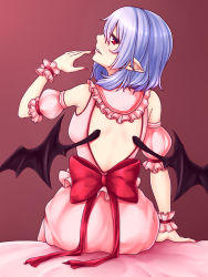 Rule 34 | 1girl, aged up, arm support, back cutout, bare back, bare shoulders, bat wings, bed, blue hair, bow, breasts, clothing cutout, commentary request, detached sleeves, dress, fang, fingernails, frilled shirt collar, frills, from behind, grin, hair between eyes, hand up, head tilt, highres, indoors, looking at viewer, looking back, medium breasts, nail polish, no headwear, parted lips, pink dress, pointy ears, profile, puffy short sleeves, puffy sleeves, red bow, red eyes, red nails, remilia scarlet, sharp fingernails, short hair, short sleeves, sitting, smile, solo, touhou, wings, zellam
