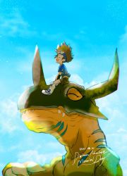 Rule 34 | 2021, brown hair, child, dated, digimon, digimon (creature), digimon adventure, closed eyes, fang, goggles, greymon, highres, horn, yagami taichi