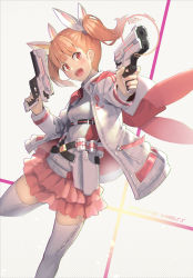 1girl blonde_hair blunt_bangs blush breasts dual_wielding frilled_skirt frills gun handgun highres holding holding_gun holding_weapon hood hood_down hooded_jacket isegawa_yasutaka jacket long_sleeves open_clothes open_jacket open_mouth original red_eyes short_hair short_twintails simple_background skirt small_breasts solo thighhighs twintails weapon white_thighhighs