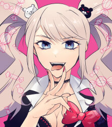Rule 34 | 1girl, :d, alternate hairstyle, bear hair ornament, black choker, black shirt, blue eyes, bow, breasts, candy, choker, cleavage, danganronpa: trigger happy havoc, danganronpa (series), enoshima junko, fangs, food, hair ornament, hand up, highres, large breasts, nail polish, open mouth, pink background, portrait, red bow, red nails, shirt, smile, sugu0v0, teeth, tongue, tongue out, twintails, upper teeth only, v