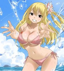 Rule 34 | 1girl, beach, bikini, blonde hair, blush, breasts, brown eyes, cleavage, colorized, fairy tail, gaston18, hair ornament, highres, jewelry, large breasts, long hair, looking at viewer, lucy heartfilia, navel, non-web source, open mouth, smile, swimsuit, underboob, water, wet, wide hips