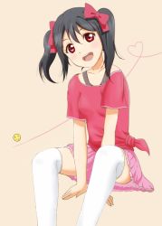 Rule 34 | 10s, 1girl, :d, between legs, black hair, bow, hair bow, hand between legs, heart, heart of string, looking at viewer, love live!, love live! school idol project, open mouth, over-kneehighs, pink bow, pink shirt, pink skirt, red eyes, shirt, simple background, sitting, skirt, smile, smiley face, solo, sync (id 12519877), tan background, thighhighs, tied shirt, twintails, white thighhighs, yazawa nico