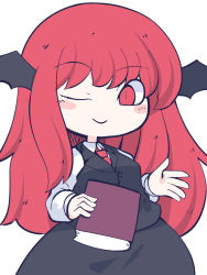 Rule 34 | 1girl, black skirt, black vest, blush stickers, book, buttons, chahan (fried rice0614), closed mouth, collared shirt, demon wings, head wings, highres, holding, holding book, koakuma, long hair, long sleeves, necktie, one-hour drawing challenge, one eye closed, red eyes, red hair, red necktie, shirt, simple background, skirt, smile, solo, touhou, vest, white background, white shirt, wings