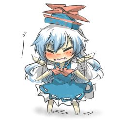 Rule 34 | 1girl, bad id, bad pixiv id, blue hair, blush, chibi, expressive clothes, closed eyes, fang, female focus, flapping, hat, kamishirasawa keine, long hair, open mouth, rebecca (keinelove), silver hair, solo, touhou, wavy mouth