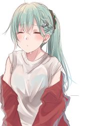 Rule 34 | 1girl, alternate hairstyle, bad id, bad twitter id, blush, braid, closed mouth, earrings, closed eyes, hair ornament, hair scrunchie, jacket, jewelry, kantai collection, messy hair, off shoulder, ponytail, red jacket, rinto (rint rnt), scrunchie, shirt, short sleeves, simple background, solo, suzuya (kancolle), sweat, track jacket, upper body, waiting for kiss, white background, white shirt