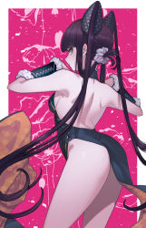 Rule 34 | 1girl, ass, back, backless dress, backless outfit, bare shoulders, black dress, blue eyes, blunt bangs, blush, breasts, china dress, chinese clothes, closed mouth, detached sleeves, dress, fate/grand order, fate (series), floral print, hair ornament, hands up, highres, long hair, looking at viewer, looking back, medium breasts, pink background, purple hair, shoulder blades, side slit, sidelocks, solo, sungwon, thighs, twintails, very long hair, yang guifei (fate), yang guifei (second ascension) (fate)