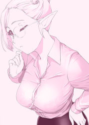 Rule 34 | 1girl, bra, bra visible through clothes, breasts, bursting breasts, dress shirt, dutch angle, elf, glasses, hand on own hip, large breasts, monochrome, one eye closed, original, pink theme, pointy ears, see-through, shirt, short hair, solo, tight clothes, tight shirt, ueyama michirou, underwear, wink
