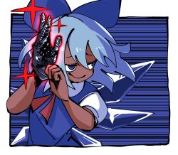 Rule 34 | 1girl, anal assassin glove, annyui (cookie), black gloves, blue background, blue eyes, blue hair, border, bow, bowtie, cirno, closed mouth, collared shirt, commentary request, cookie (touhou), dark-skinned female, dark skin, dress, flat chest, gloves, gram 9, hair between eyes, half-closed eyes, highres, long bangs, looking afar, looking to the side, manatsu no yo no inmu, pinafore dress, puffy short sleeves, puffy sleeves, red bow, red bowtie, sex toy, shirt, short hair, short sleeves, single glove, sleeveless, sleeveless dress, smile, solo, sparkle, studded gloves, touhou, upper body, white border, white shirt