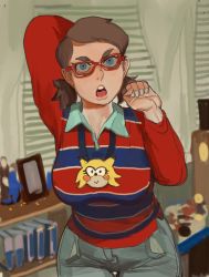 Rule 34 | 1girl, blouse, blue eyes, blue pants, blue shirt, breasts, brown hair, chris-chan, cowboy shot, denim, fingernails, genderswap, genderswap (mtf), glasses, hand up, highres, indoors, jeans, large breasts, looking at viewer, low twintails, mossacannibalis, open mouth, pants, real life, red-framed eyewear, red shirt, shirt, solo, sonichu, standing, striped clothes, striped shirt, thigh gap, twintails