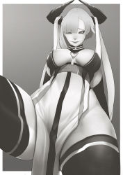 Rule 34 | 1girl, absurdres, arm support, between breasts, breasts, demon girl, elbow gloves, foreshortening, gloves, greyscale, hair over one eye, highres, horns, lips, long hair, milk-doll, monochrome, original, sitting, smile, solo, thighhighs