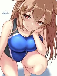 Rule 34 | 1girl, black one-piece swimsuit, blue one-piece swimsuit, blush, breasts, brown eyes, brown hair, competition swimsuit, covered navel, dated, hair ornament, hair ribbon, highleg, highleg swimsuit, highres, impossible clothes, impossible swimsuit, kantai collection, large breasts, light brown hair, long hair, looking at viewer, medium breasts, montemasa, multicolored clothes, multicolored swimsuit, murasame (kancolle), murasame kai ni (kancolle), one-hour drawing challenge, one-piece swimsuit, red eyes, ribbon, shadow, smile, solo, swimsuit, twitter username, two-tone swimsuit