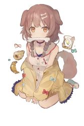 Rule 34 | 1girl, animal collar, animal ears, bakery, blue bow, blush, bone, bone hair ornament, bow, braid, brown eyes, brown hair, collar, croissant, dog ears, dog girl, dog tail, dress, food, hair ornament, hair over shoulder, highres, hololive, inugami korone, inugami korone (1st costume), jacket, looking at viewer, low twin braids, mouth hold, neku01n, off shoulder, red bow, shop, simple background, sitting, solo, tail, twin braids, virtual youtuber, wariza, white background, white dress, yellow jacket