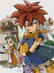 Rule 34 | 1boy, 1girl, :3, :d, animal, apron, artist name, cat, chibi, chrono trigger, closed eyes, closed mouth, commentary request, crono&#039;s mother, crono (chrono trigger), forehead, frying pan, green eyes, green hair, headband, highres, holding, holding frying pan, indoors, kitchen, looking at viewer, mother and son, open mouth, pants, ponytail, red hair, refrigerator, short sleeves, smile, spatula, tunic, uzutanco, white apron, white headband, white pants, window