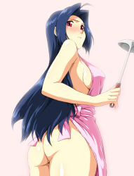 Rule 34 | 1girl, ahoge, apron, ass, back, blue hair, blush, breasts, enfuku, highres, holding, idolmaster, idolmaster (classic), ladle, long hair, looking at viewer, looking back, miura azusa, naked apron, red eyes, sideboob, solo, standing, white background