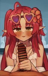 Rule 34 | 1girl, :3, absurdres, ahoge, arknights, bar censor, bare shoulders, bikini, blush, censored, commentary, commentary request, earrings, english commentary, flower, frilled bikini, frills, green eyes, hair flower, hair ornament, handjob, heart, heart-shaped eyewear, hetero, highres, jewelry, long hair, looking at viewer, male pubic hair, mixed-language commentary, multiple earrings, myrtle (arknights), myrtle (summer flowers) (arknights), open mouth, parted bangs, penis, pointy ears, pov, pubic hair, purple-tinted eyewear, red flower, red hair, red nails, sunglasses, swimsuit, tinted eyewear, turnip eh, white bikini