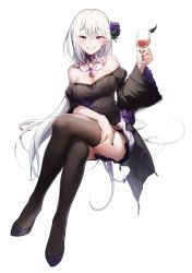 Rule 34 | 1girl, black shirt, black thighhighs, blue footwear, breasts, cleavage, collarbone, crossed legs, cup, drinking glass, flower, full body, grin, hair between eyes, hair flower, hair ornament, high heels, highres, holding, holding cup, invisible chair, long hair, long sleeves, looking at viewer, medium breasts, miniskirt, nail polish, off-shoulder shirt, off shoulder, original, pleated skirt, pointy ears, pumps, purple flower, purple nails, red eyes, shirt, silver hair, simple background, sitting, skirt, smile, solo, thighhighs, very long hair, white background, white skirt, wine glass, yampa, zettai ryouiki