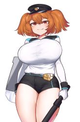 Rule 34 | 1girl, :3, blush, breasts, cerberus (last origin), ckhd, fang, fang out, gloves, hair between eyes, hat, highres, huge breasts, jacket, last origin, looking at viewer, medium hair, mole, mole under eye, orange hair, peaked cap, red eyes, short shorts, shorts, simple background, solo, thighs, white background, white gloves, white jacket