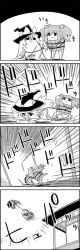 Rule 34 | 4koma, bow, bucket, cleaning, comic, commentary request, dustcloth, greyscale, hair bobbles, hair bow, hair ornament, hat, hat bow, highres, kirisame marisa, kisume, long hair, monochrome, rope, shaded face, smile, tani takeshi, touhou, translation request, twintails, tying, witch hat, yukkuri shiteitte ne