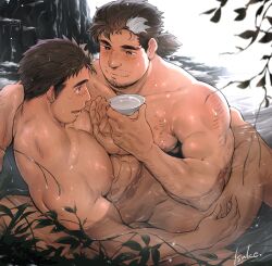 Rule 34 | 2boys, abs, afloat, age difference, arm hair, bara, brown hair, chest hair, commission, completely nude, cup, eye contact, facial hair, feeding, feet out of frame, from above, hand up, highres, holding, holding cup, isuke, large pectorals, leaning on person, long sideburns, looking at another, male focus, protagonist 3 (housamo), mature male, medium hair, mononobe kyoma, multiple boys, muscular, muscular male, mustache, nipples, nude, onsen, pectorals, plant, ponytail, sakazuki, short hair, sideburns, skeb commission, smile, stubble, thick eyebrows, tokyo houkago summoners, white hair, yaoi