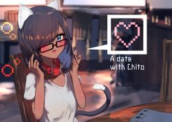 Rule 34 | 1girl, animal ears, black hair, blue eyes, blush, book, breasts, cafe, cat ears, cat girl, cat tail, chair, chito (natsume-same), collar, commentary request, cup, dark-skinned female, dark skin, english text, eyebrows hidden by hair, fang, glasses, hair between eyes, hair over one eye, hands up, heart, highres, indoors, long hair, looking at viewer, medium breasts, medium hair, natsume-same, open mouth, original, red collar, shirt, short sleeves, sidelocks, sitting, smile, solo, table, tail