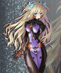 Rule 34 | 1girl, blonde hair, blue eyes, blue ribbon, blush, bodysuit, bow, breasts, closed mouth, covered navel, emblem, fortified suit, gluteal fold, groin, hair bow, hand on own chest, hip focus, liz hohenstein, long hair, looking down, muv-luv, muv-luv alternative, pilot suit, purple bodysuit, ribbon, schwarzesmarken, skin tight, standing, thigh gap, two side up