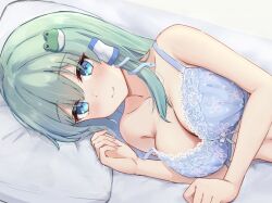 Rule 34 | 1girl, blue bra, blue eyes, blush, bra, breasts, cleavage, closed mouth, collarbone, forneus 0, frog hair ornament, green hair, hair between eyes, hair ornament, hair tubes, highres, kochiya sanae, large breasts, long hair, lying, on side, pillow, snake hair ornament, solo, touhou, underwear, underwear only, upper body