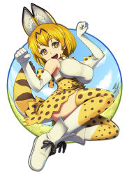Rule 34 | 10s, 1girl, animal ears, animal print, bare shoulders, blonde hair, blue sky, boots, bow, breasts, cat ears, cat tail, cloud, elbow gloves, full body, gloves, kemono friends, large breasts, looking at viewer, maruta kentarou, open mouth, savannah, serval (kemono friends), serval print, serval tail, shirt, short hair, skirt, sky, sleeveless, sleeveless shirt, solo, tail, thighhighs, tree, white footwear, white shirt, yellow eyes
