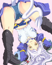 Rule 34 | 10s, 1girl, animal ears, ass, blush, boots, cat ears, dog days, highres, leonmitchelli galette des rois, lion tail, midriff, navel, short shorts, shorts, solo, tail, top-down bottom-up, tsumiki kuzushi, white hair, yellow eyes