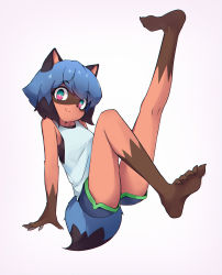Rule 34 | 1girl, absurdres, animal ears, animal feet, animal hands, barefoot, black hair, blue hair, brand new animal, chinese commentary, commentary request, dual blow, foot up, furry, furry female, green eyes, highres, kagemori michiru, looking at viewer, multicolored eyes, multicolored hair, pink eyes, raccoon ears, raccoon girl, raccoon tail, short hair, simple background, smile, soles, solo, tail, tank top, two-tone hair, white background, white tank top