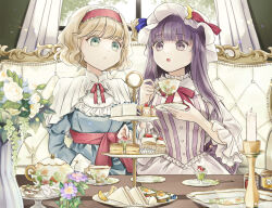 Rule 34 | 2girls, alice margatroid, blonde hair, blue dress, blue eyes, crescent, crescent hat ornament, dress, hairband, hat, hat ornament, highres, lolita hairband, long hair, mob cap, multiple girls, open mouth, patchouli knowledge, poteimo (poteimo622), purple eyes, purple hair, red hairband, touhou, white headwear