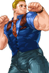 Rule 34 | 1boy, bara, blonde hair, blue eyes, blue shirt, bulge, clenched hands, cody travers, fighting stance, formal, green pants, hair slicked back, highres, looking to the side, male focus, muscular, muscular male, necktie, pants, red necktie, shirt, short hair, short sleeves, smile, street fighter, street fighter v, striped clothes, striped necktie, striped shirt, taut clothes, uruonurun, waistcoat, watch, white background, wristwatch