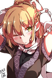 Rule 34 | 1girl, arms up, blonde hair, blush, breasts, closed mouth, dated, gokuu (acoloredpencil), green eyes, hair between eyes, highres, looking at viewer, medium breasts, mizuhashi parsee, one eye closed, pointy ears, short hair, signature, simple background, solo, touhou, upper body, white background