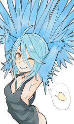 Rule 34 | 1girl, ahoge, armpits, arms behind head, black tank top, blue feathers, blue hair, blue wings, blush, breasts, commentary request, feathered wings, feathers, hair between eyes, harpy, highres, long hair, looking at viewer, monster girl, monster musume no iru nichijou, nebula flabby, one eye closed, papi (monster musume), sideboob, simple background, small breasts, smile, solo, spoken animal, tank top, white background, winged arms, wings, yellow eyes