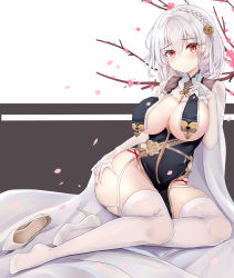 Rule 34 | 1girl, absurdres, alternate costume, arlene (ju), azur lane, breast curtains, breasts, dress, feet, high heels, highres, large breasts, looking at viewer, red eyes, revealing clothes, scrunchie, see-through, shoes, short hair, sirius (azur lane), sirius (azure horizons) (azur lane), solo, thighhighs, thighs, unworn shoes, white dress, white hair, white scrunchie, white thighhighs