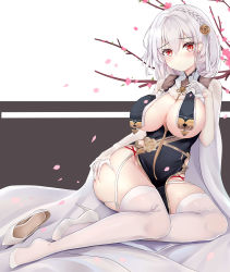 Rule 34 | 1girl, absurdres, alternate costume, arlene (ju), azur lane, breast curtains, breasts, dress, feet, high heels, highres, large breasts, looking at viewer, red eyes, revealing clothes, scrunchie, see-through clothes, shoes, short hair, sirius (azur lane), sirius (azure horizons) (azur lane), solo, thighhighs, thighs, unworn shoes, white dress, white hair, white scrunchie, white thighhighs