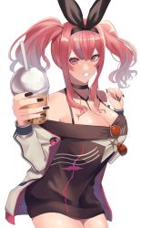 Rule 34 | 1girl, absurdres, azur lane, bare shoulders, between breasts, black choker, black nails, black ribbon, black sweater, blush, bra strap, breasts, bremerton (azur lane), bremerton (day-off date) (azur lane), bubble tea, choker, cleavage, commentary request, cowboy shot, cup, disposable cup, dress, eyewear hang, unworn eyewear, grey hair, hair between eyes, hair intakes, hair ornament, hair ribbon, hands up, highres, holding, holding cup, jacket, large breasts, long hair, long sleeves, looking at viewer, mole, mole on breast, mole under eye, multicolored hair, nail polish, off-shoulder dress, off shoulder, official alternate costume, open clothes, open jacket, open mouth, pink eyes, pink hair, red-tinted eyewear, ribbon, sidelocks, simple background, smile, solo, standing, star (symbol), star print, strap between breasts, streaked hair, sweater, sweater dress, tinted eyewear, twintails, two-tone hair, white background, white jacket, yappi~shagan