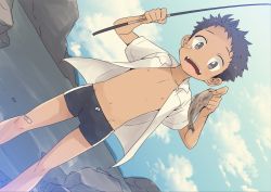 Rule 34 | 1boy, animal, bandaid, bandaid on cheek, bandaid on face, bandaid on knee, bandaid on leg, black hair, blue jammers, blue male swimwear, blue sky, blush, bulge, child, cloud, collared shirt, day, drawstring, dutch angle, feet out of frame, fish, fishing rod, holding, holding animal, holding fish, holding fishing rod, jammers, looking at viewer, lower teeth only, male focus, male school swimsuit, male swimwear, navel, nipples, open clothes, open mouth, open shirt, original, outdoors, pocchipocchi, rock, shirt, shirt5, short hair, short sleeves, sky, solo, swimsuit, teeth, upper teeth only, water, white shirt
