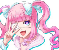 Rule 34 | 1girl, :d, abc03219, blue bow, blunt bangs, bow, character request, eyepatch, floating hair, hair bow, heart, heart-shaped pupils, heart pendant, long hair, long sleeves, looking at viewer, open mouth, pink hair, portrait, simple background, smile, solo, symbol-shaped pupils, tokyo necro, twintails, white background