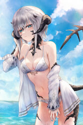 Rule 34 | 1girl, arm at side, au ra, bikini, black horns, black scales, black tail, blue eyes, breasts, cleavage, cloud, cloudy sky, commentary, day, dragon girl, dragon horns, dragon tail, final fantasy, final fantasy xiv, grey hair, hand to head, highres, horns, looking at viewer, maho moco, medium breasts, medium hair, midriff, navel, outdoors, scales, sky, solo, swimsuit, symbol-only commentary, tail, warrior of light (ff14), water, white bikini